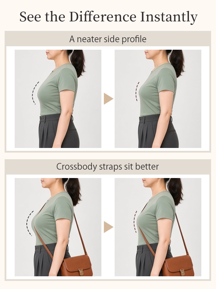 Before and after comparison of side profiles with and without a crossbody bag VEIMIA