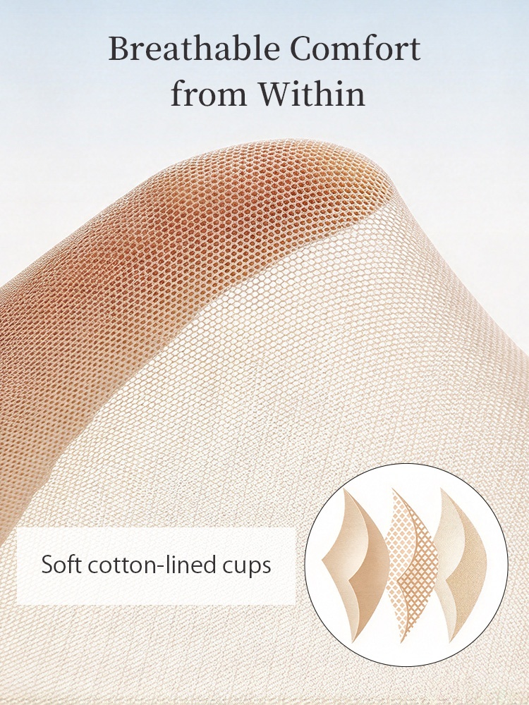 Close-up of beige bra cup lining showing fine breathable mesh texture VEIMIA