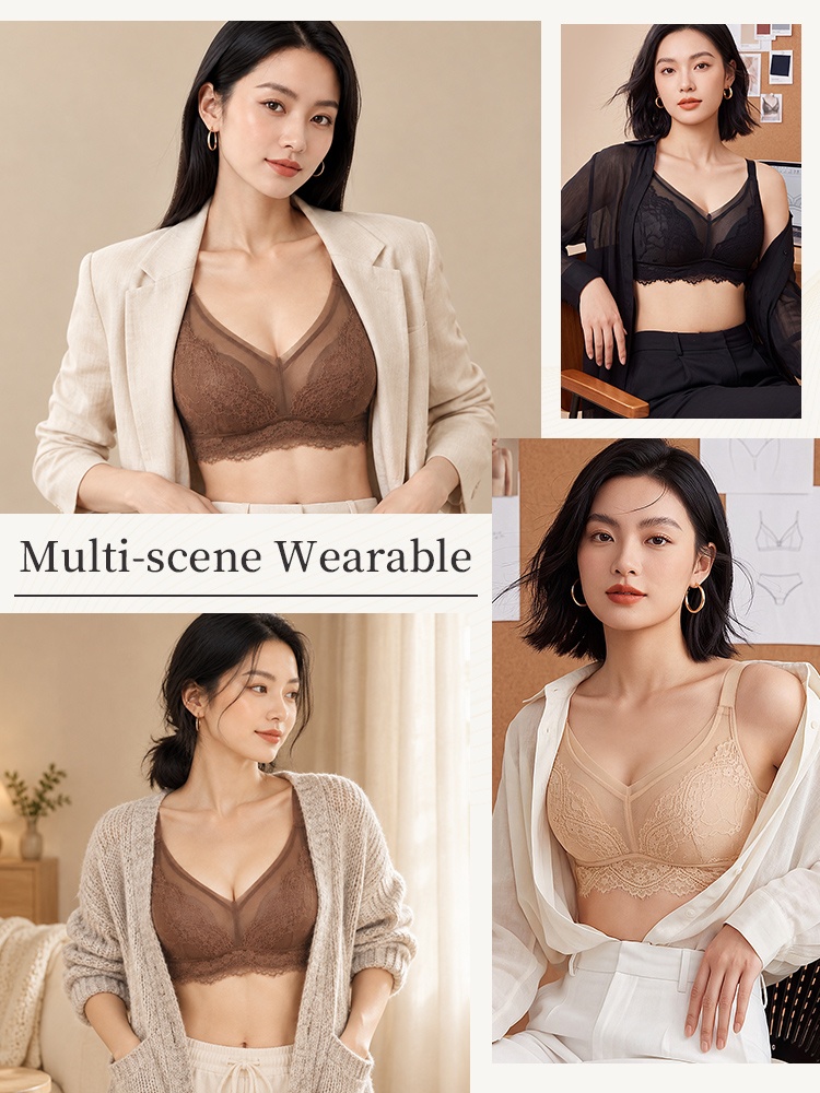 Collage of models wearing beige brown and black lace bras with different outfits VEIMIA