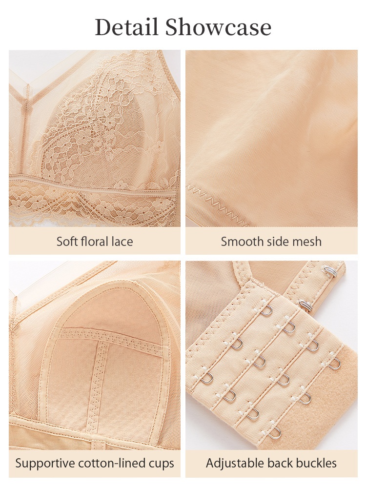 Four close-up views of beige bra floral lace side mesh cup lining and back hooks VEIMIA