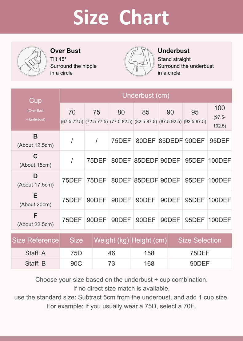 anti-sagging bra size chart with overbust underbust weight and cup guide VEIMIA