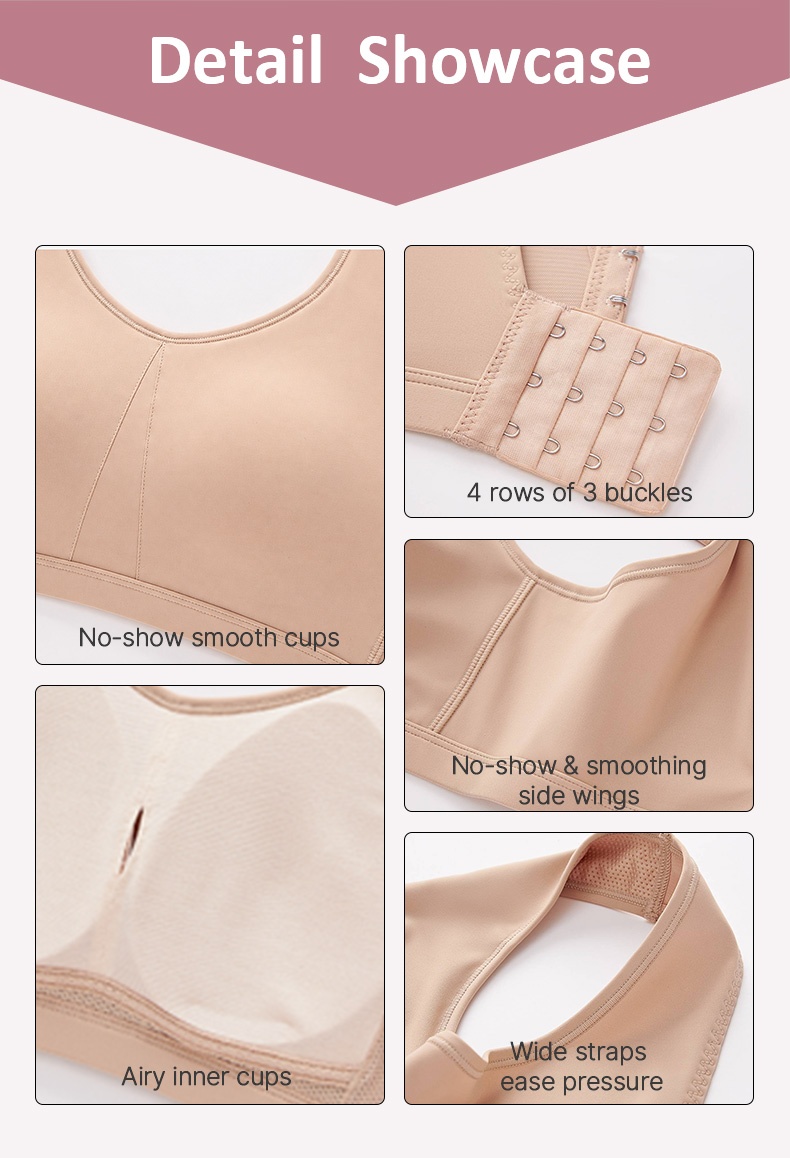 Close-up collage of smooth cups airy lining wide straps and hook closure VEIMIA