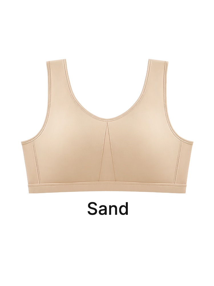 Sand wireless bra front view with wide straps and smooth cups VEIMIA