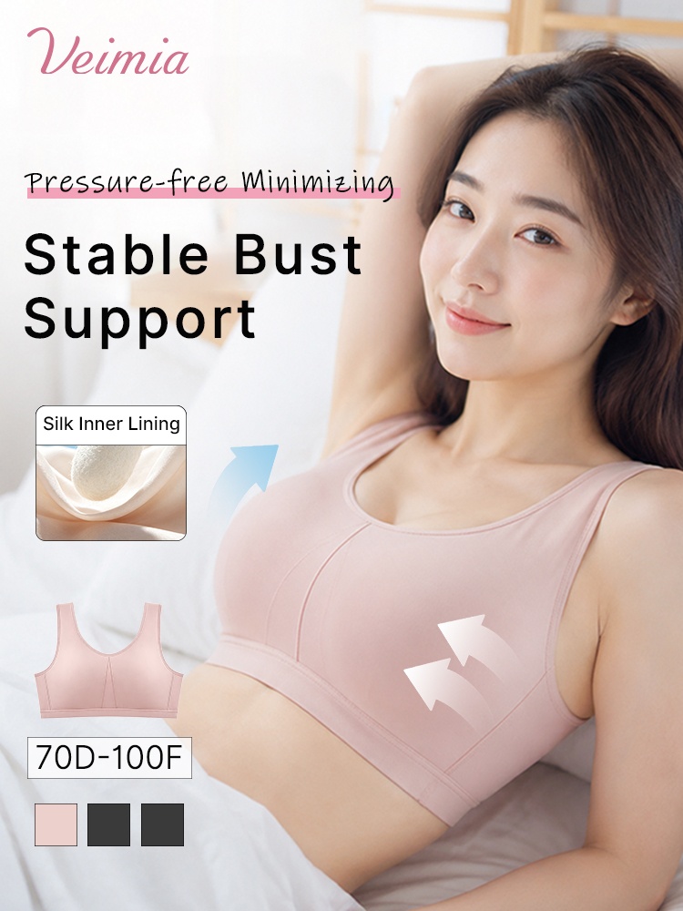 Model wearing pink wireless bra with stable bust support graphic VEIMIA