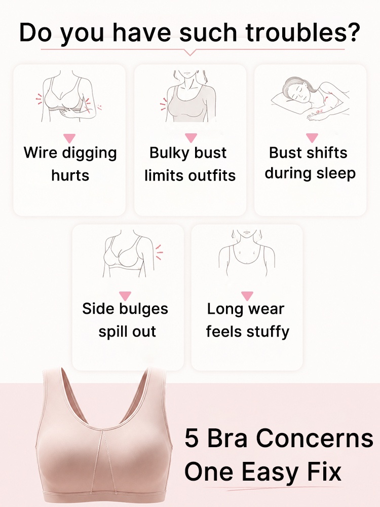 Feature graphic showing common bra concerns and a pink wireless bra VEIMIA