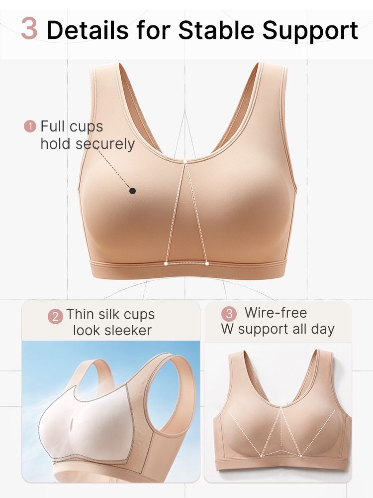 Feature graphic showing full cups thin lining and wire-free W-shaped support VEIMIA
