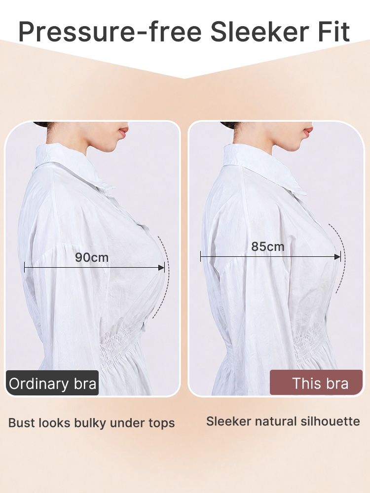 Comparison graphic showing a sleeker bust silhouette under a white shirt VEIMIA