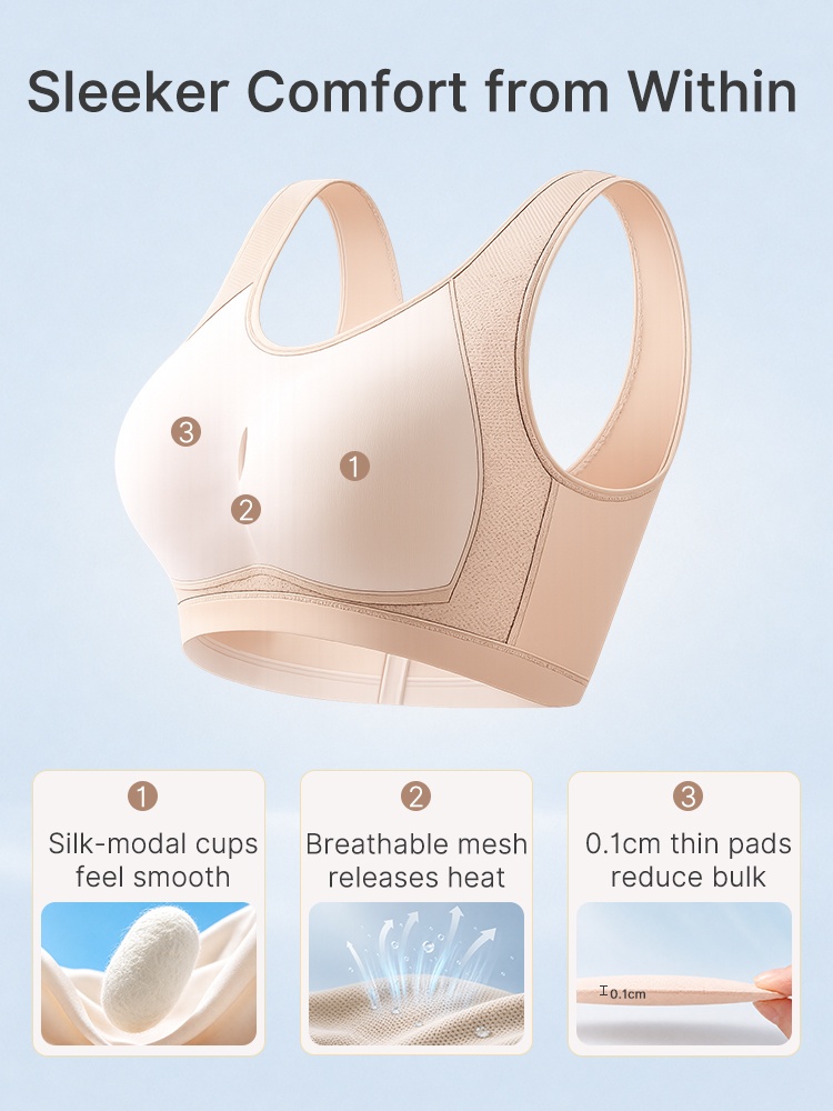 Diagram showing silk-modal cups breathable mesh and thin bra pads VEIMIA