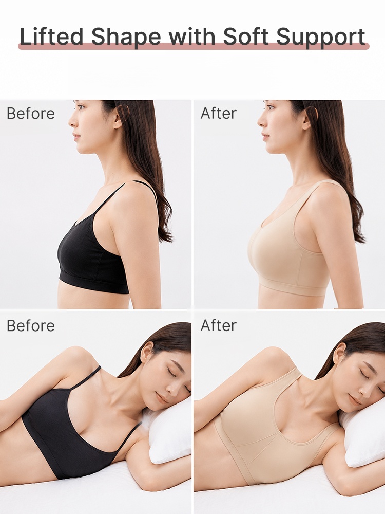 Before and after comparison showing supportive bra fit while standing and sleeping VEIMIA