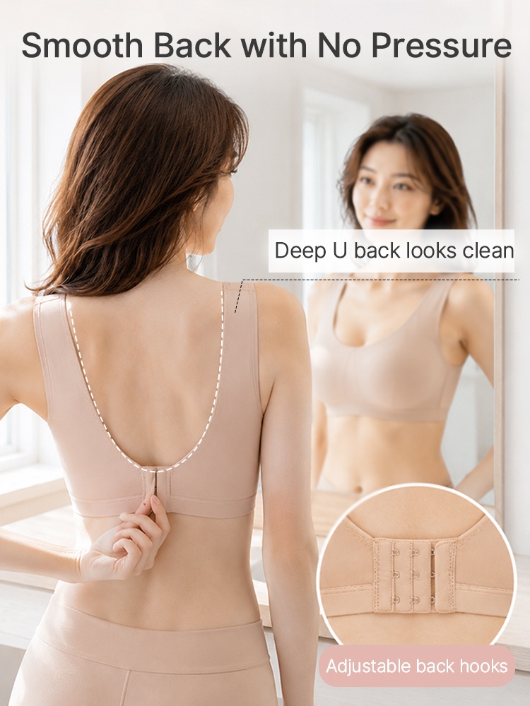 Back view of pink wireless bra with deep U shape and adjustable hooks VEIMIA