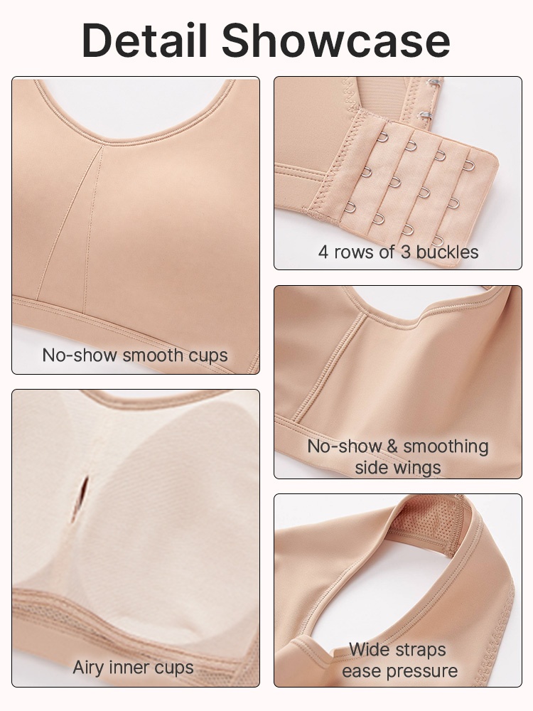 Detail showcase of smooth cups wide straps side wings and hook closure VEIMIA