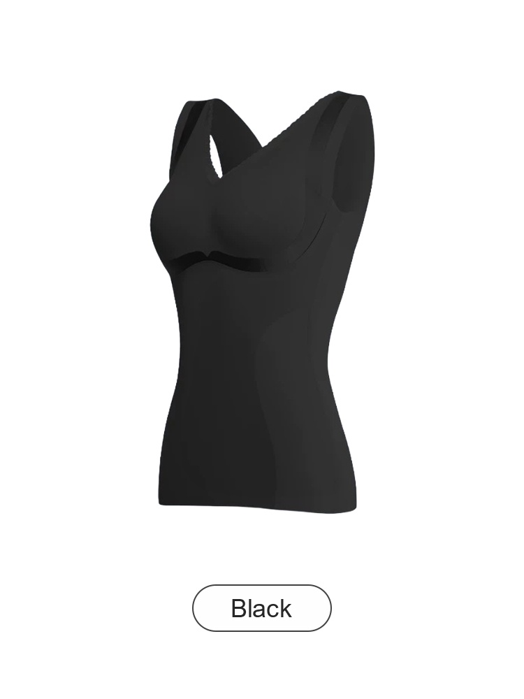 Black slimming shaping top front view with built in cups VEIMIA