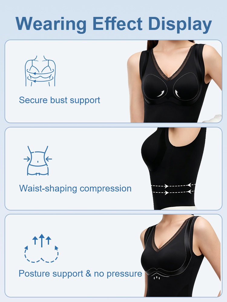 Feature graphic showing bust support waist compression and posture support VEIMIA