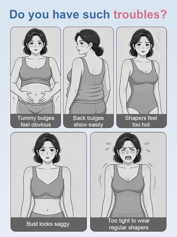 Illustration showing common tummy back and shaper fit concerns VEIMIA