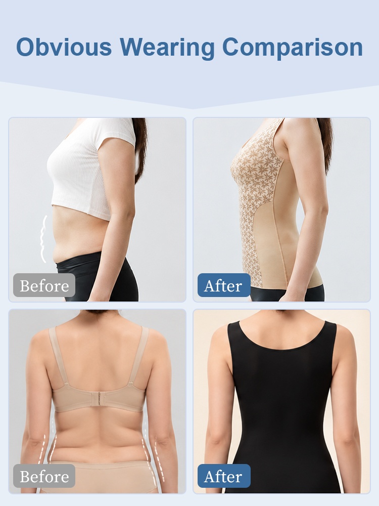 Wearing comparison showing tummy and back smoothing with shaping top VEIMIA