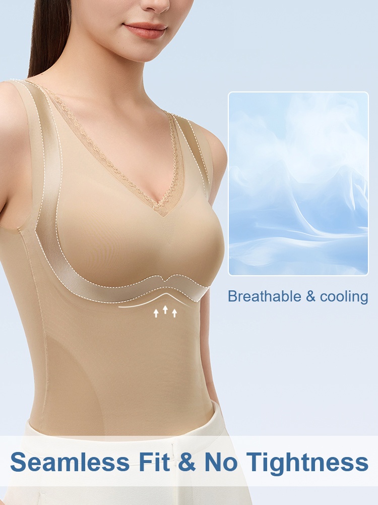 Model wearing sand shaping top with breathable seamless fit graphic VEIMIA