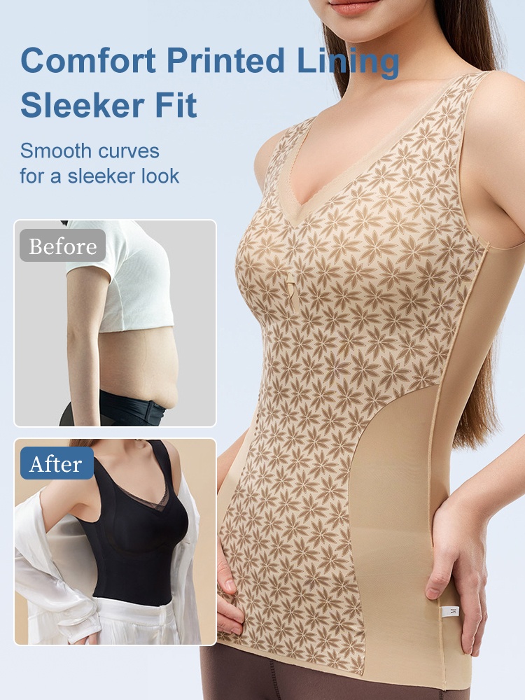 Model wearing floral printed lining shaping top for smooth fit VEIMIA