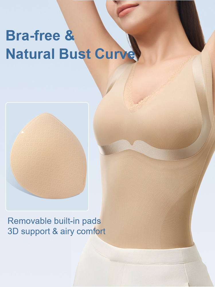 Feature graphic showing removable built in pads and natural bust curve VEIMIA