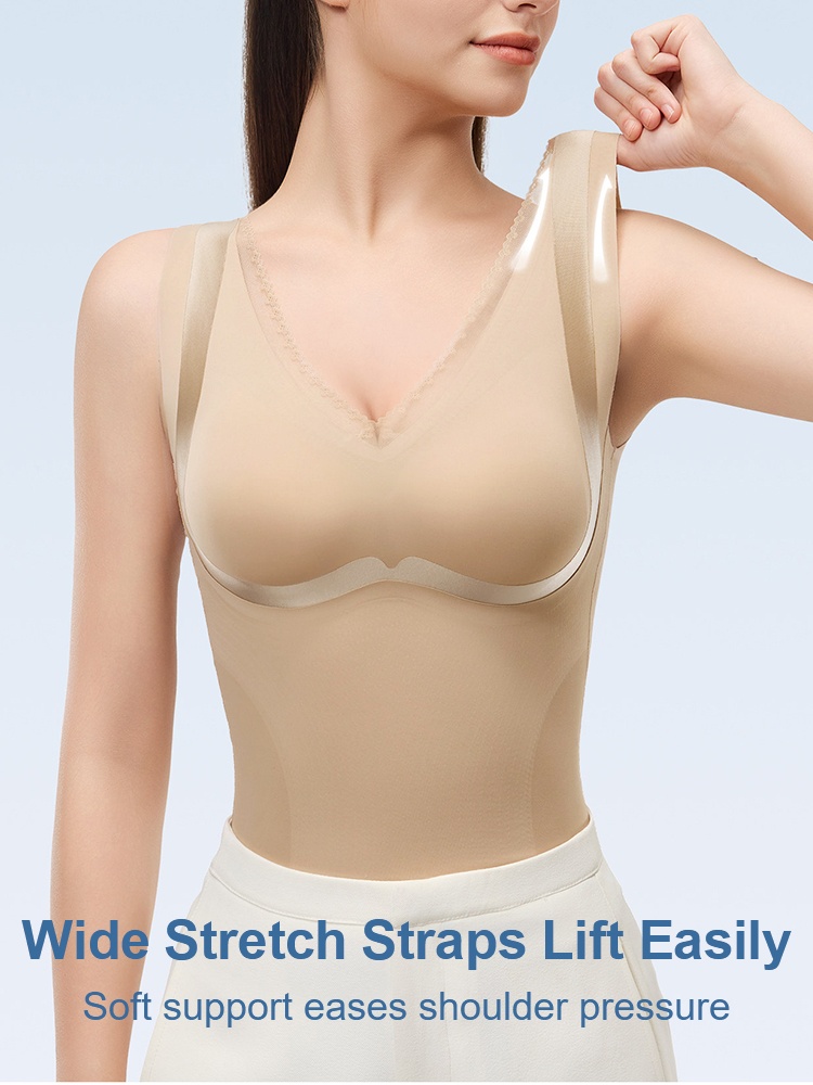 Close-up of sand shaping top wide stretch straps and shoulder support VEIMIA