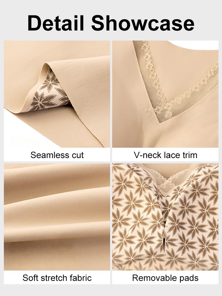 Detail showcase of seamless cut lace trim and removable pads VEIMIA