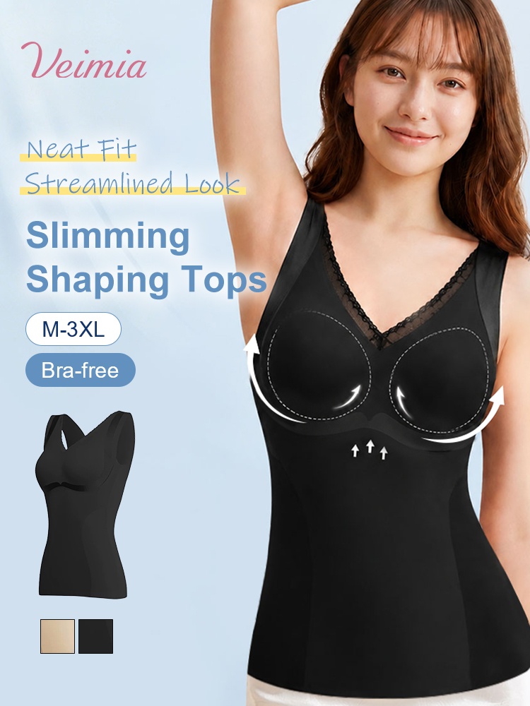 Model wearing black slimming shaping top with built in support VEIMIA