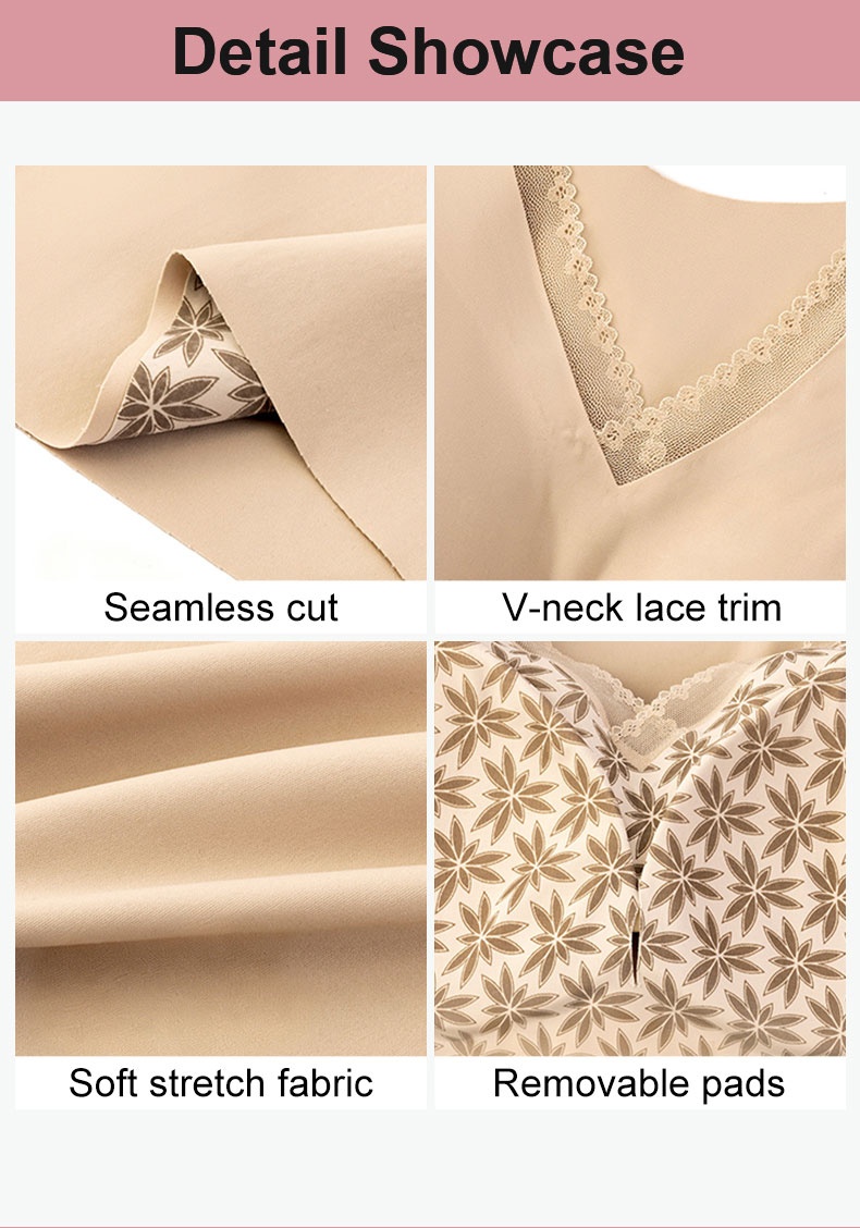 Detail showcase of seamless cut lace trim stretch fabric and removable pads VEIMIA