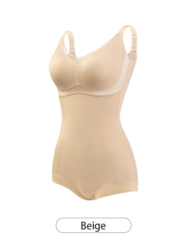Beige slim body contour bodysuit with built-in bra cups and tummy shaping panel VEIMIA