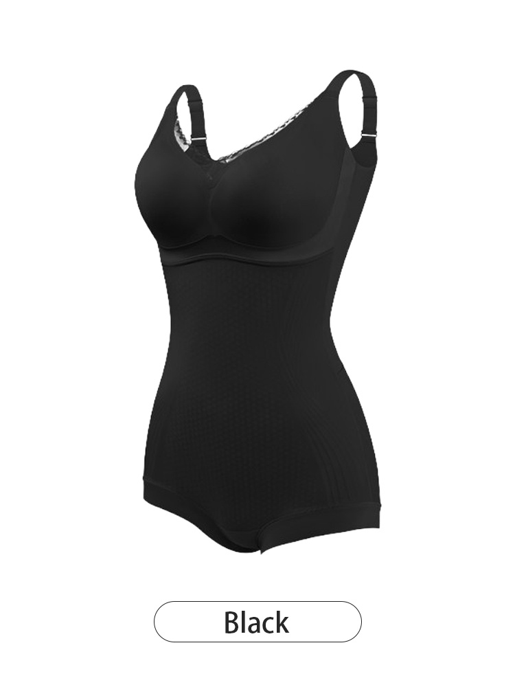 Black slim body contour bodysuit with built-in bra cups and waist control panel VEIMIA
