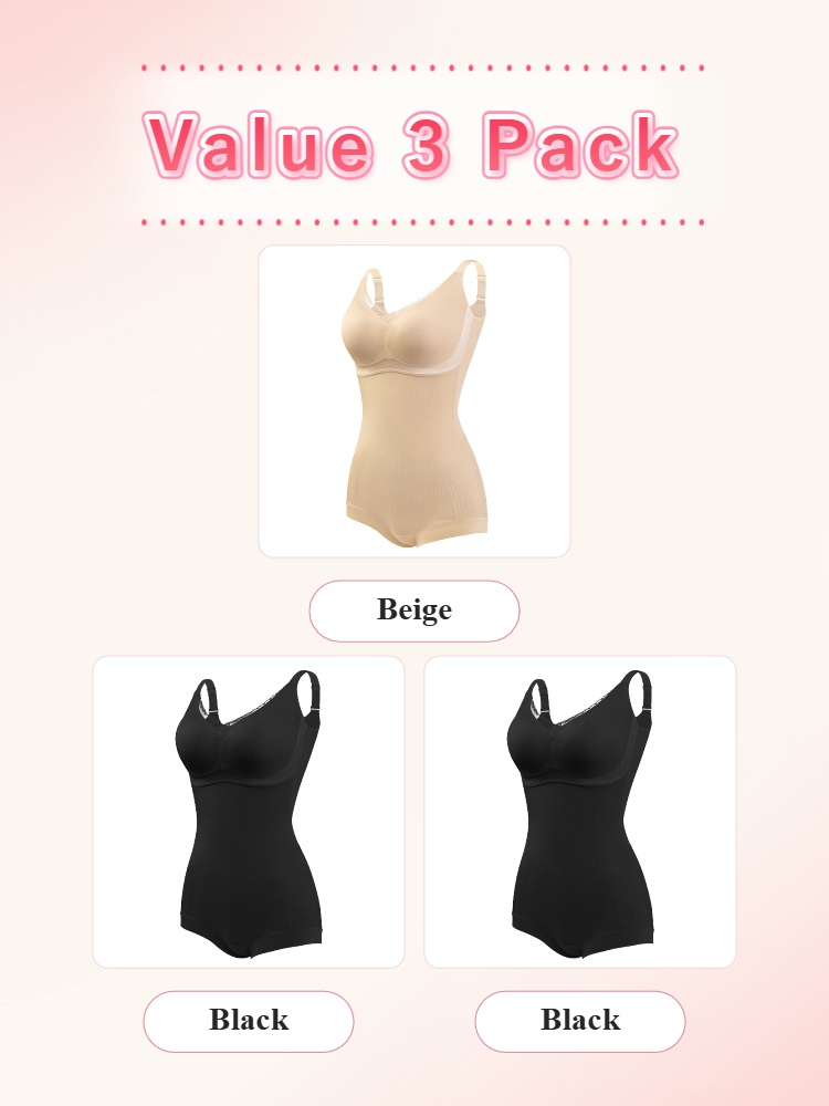 Value 3 pack with one beige and two black slim body contour bodysuits VEIMIA