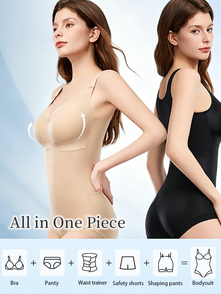 All-in-one shaping bodysuit in beige and black with integrated bra panty waist trainer and body control VEIMIA
