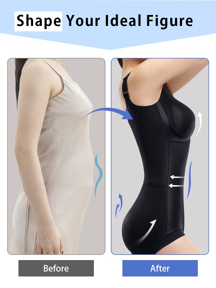 Before and after body shaping comparison showing black slimming bodysuit for waist and bust contour VEIMIA
