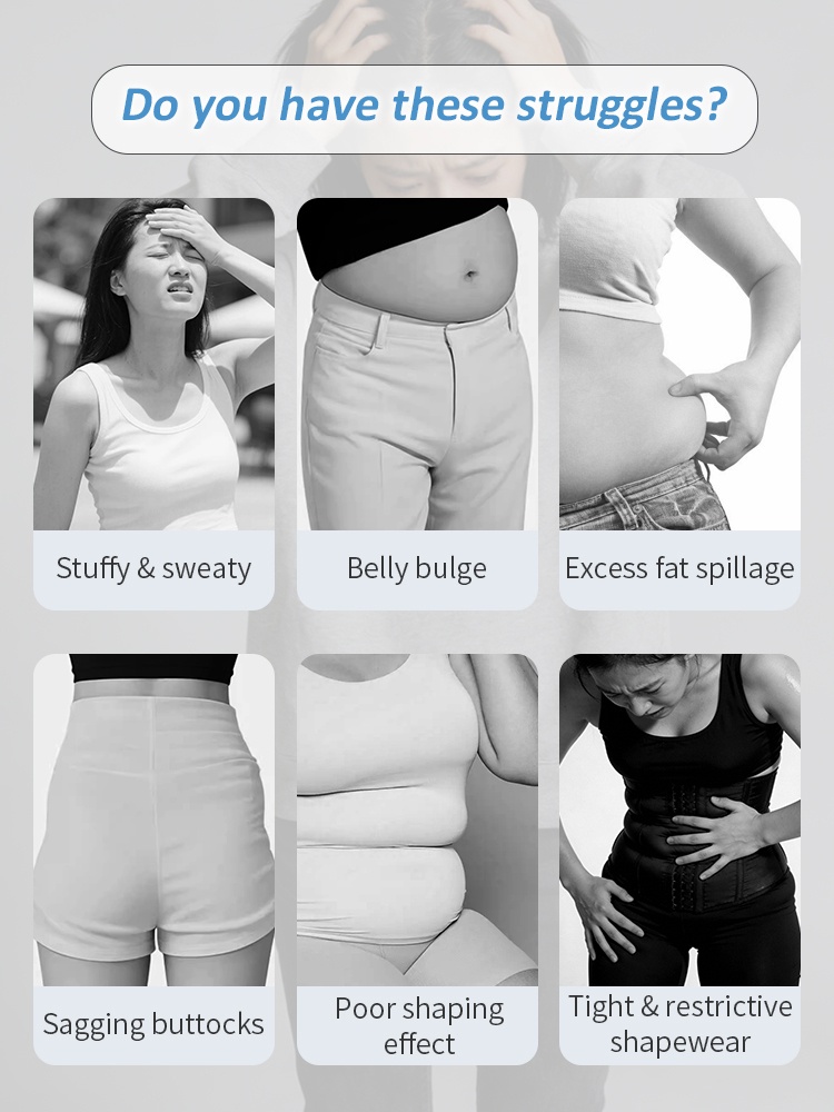 Body shaping problem chart showing belly bulge excess fat spillage sagging buttocks and restrictive shapewear VEIMIA