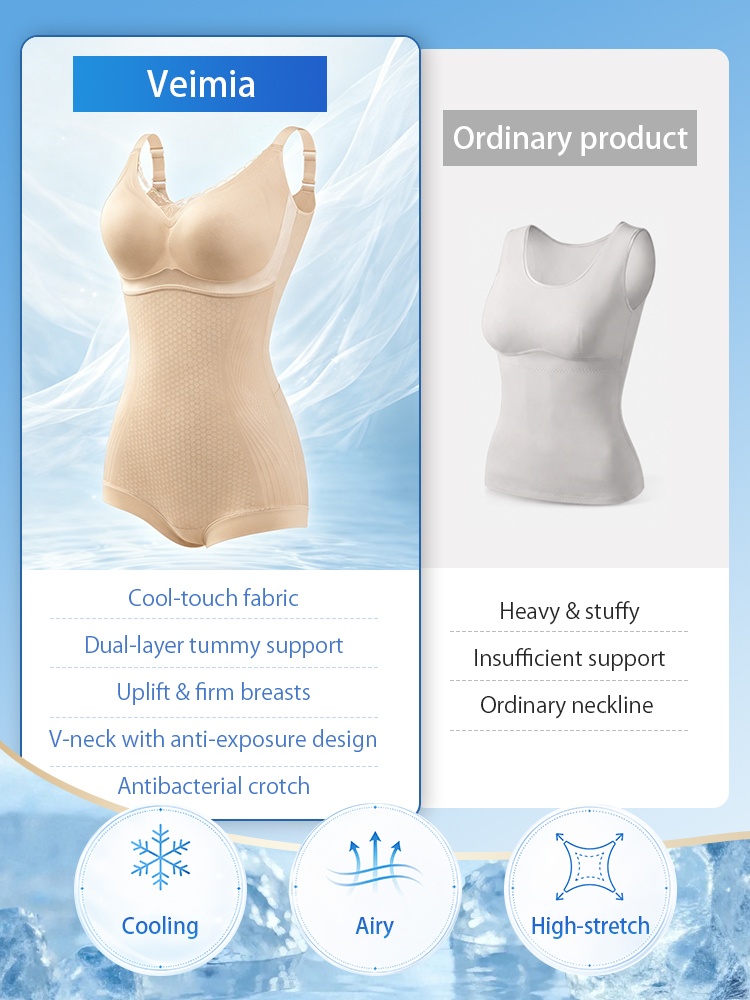 Comparison of cooling bodysuit with dual-layer tummy support uplift cups V-neck and antibacterial crotch VEIMIA