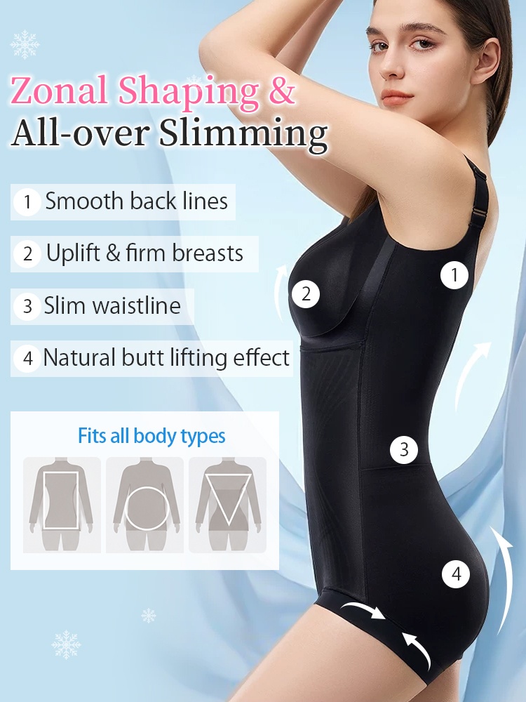 Black zonal shaping bodysuit showing smooth back lines bust lift slim waist and natural butt lift VEIMIA