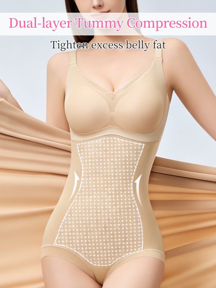 Beige bodysuit with dual-layer tummy compression panel for tightening excess belly fat VEIMIA