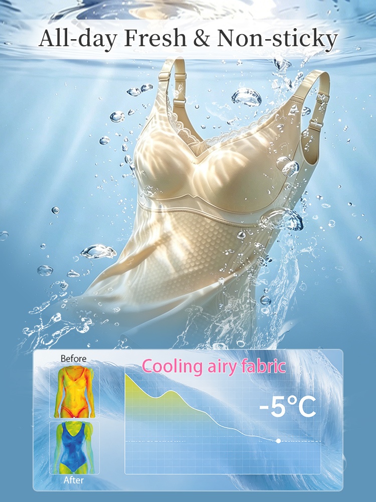 Cooling airy bodysuit fabric demonstration with water splash and all-day fresh non-sticky feel VEIMIA