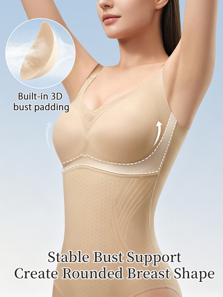 Beige bodysuit with built-in 3D bust padding for stable support and rounded breast shape VEIMIA