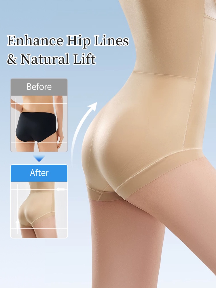 Beige shaping bodysuit back view showing natural hip lift and enhanced hip line comparison VEIMIA