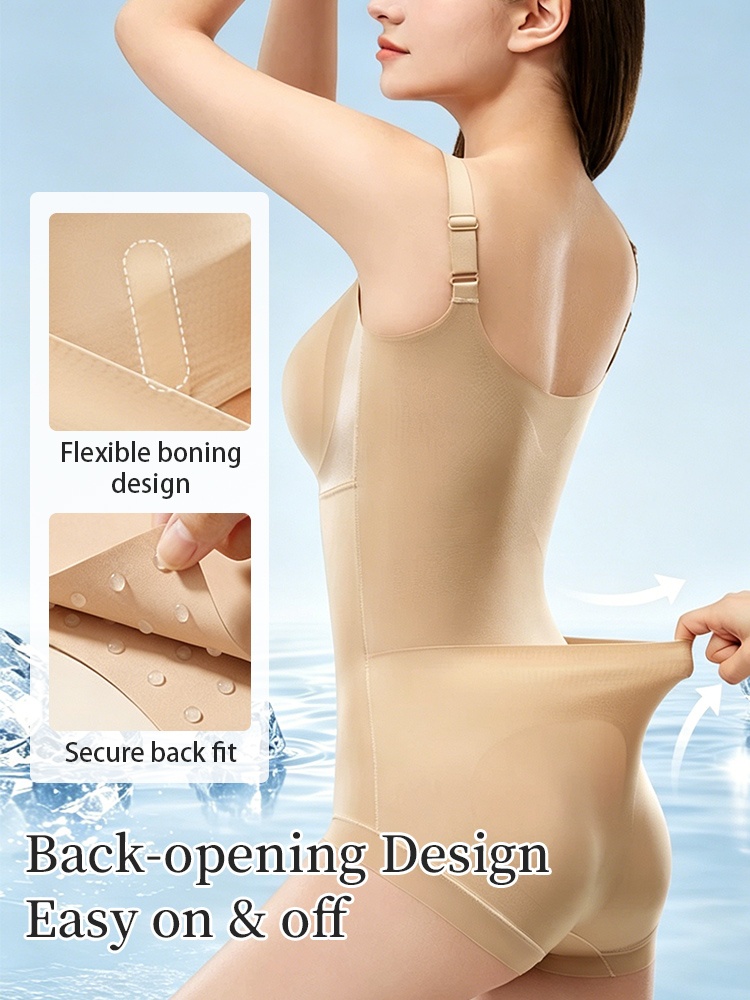Beige back-opening shaping bodysuit with flexible boning and secure back fit for easy wear VEIMIA