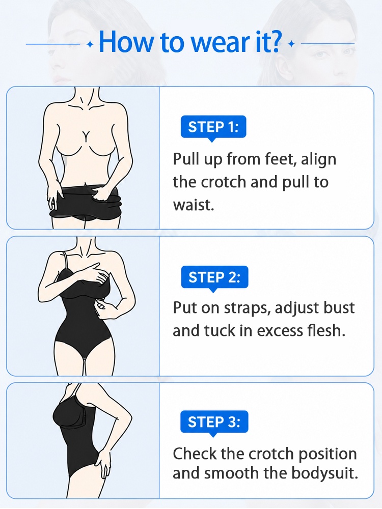 Step-by-step guide showing how to wear and adjust the shaping bodysuit from feet to bust VEIMIA