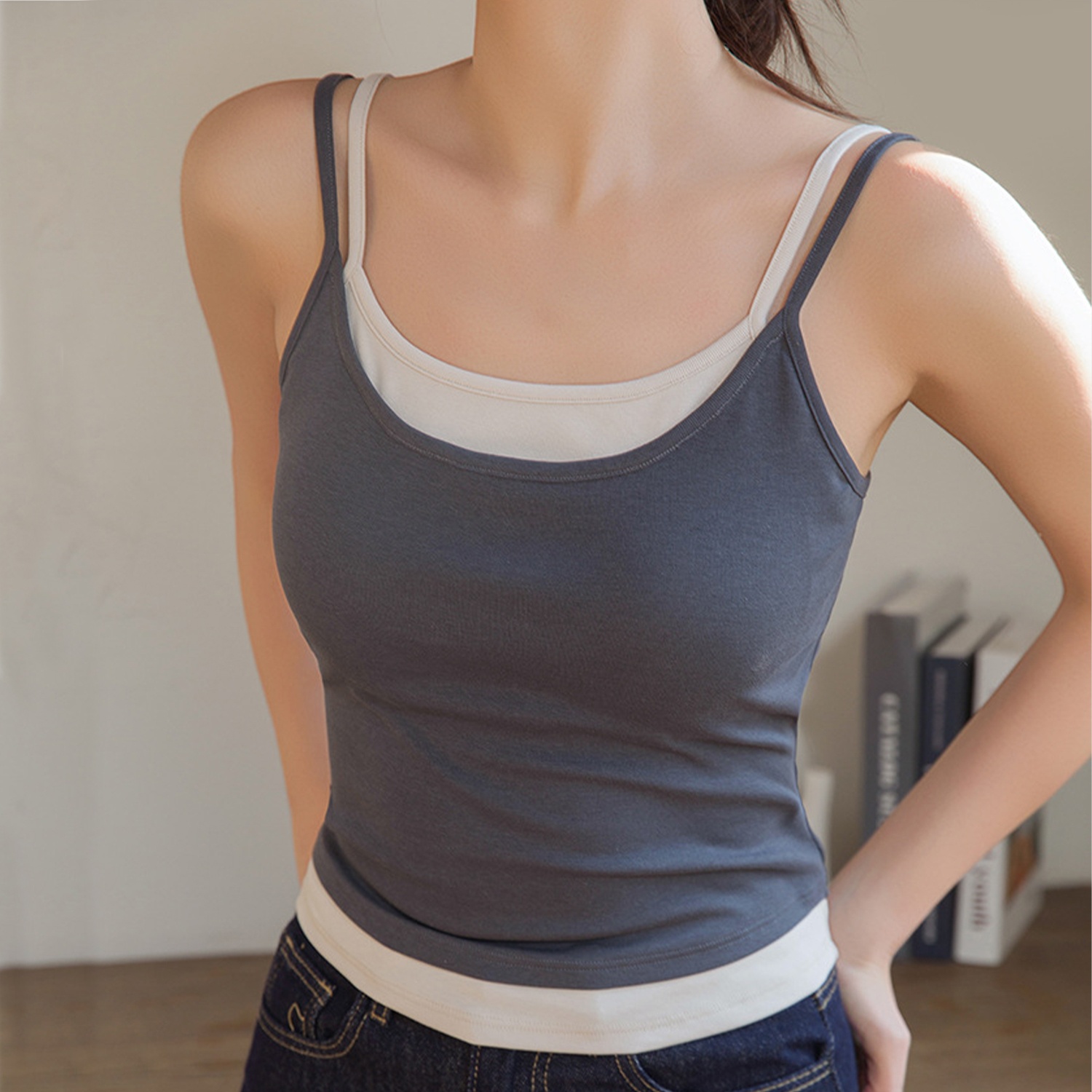 VEIMIA everyday camisole styling showing a relaxed layered outfit