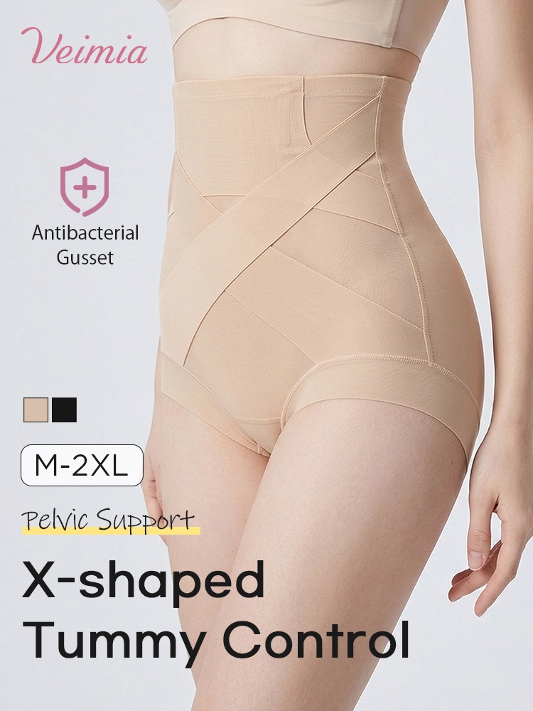 Feature graphic showing sand high-waist shaping shorts with X-shaped tummy support panels VEIMIA