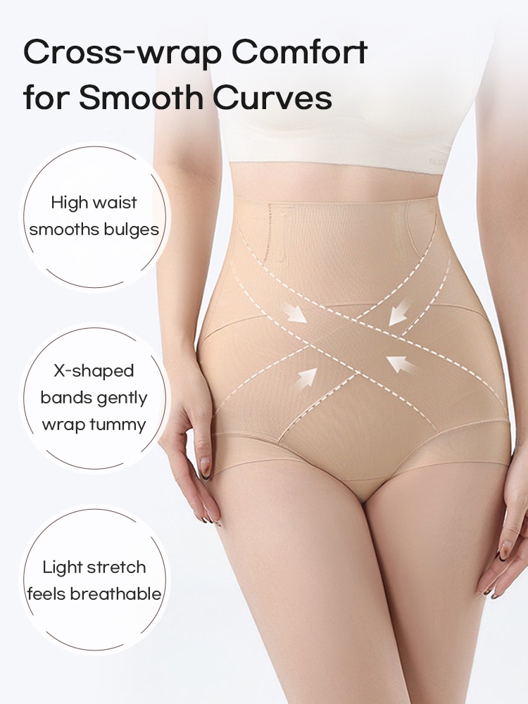 Model wearing sand high-waist shaping shorts with cross-wrap tummy panels VEIMIA