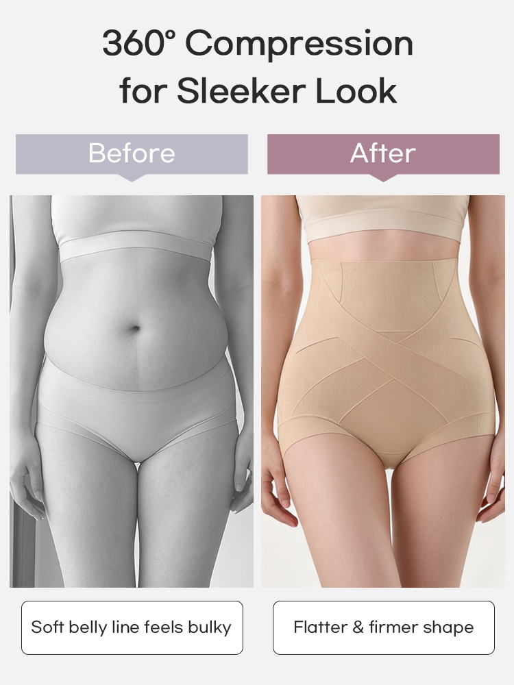 Before and after comparison showing tummy smoothing with sand high-waist shaping shorts VEIMIA