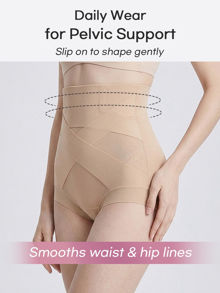 Model wearing sand high-waist shaping shorts with X-shaped waist and hip support panels VEIMIA