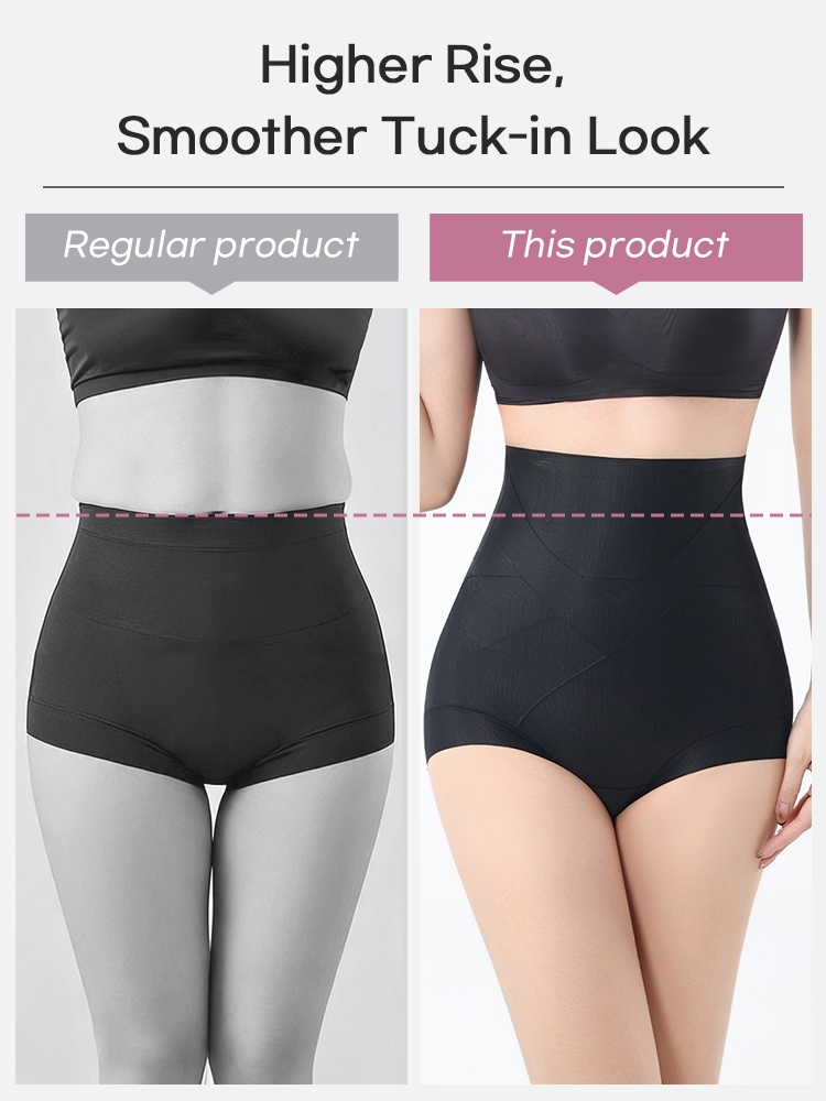 Comparison graphic showing higher-rise black shaping shorts beside a regular high-waist pair VEIMIA