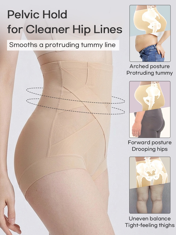 Feature graphic showing sand high-waist shaping shorts with pelvic hold and posture comparison insets VEIMIA