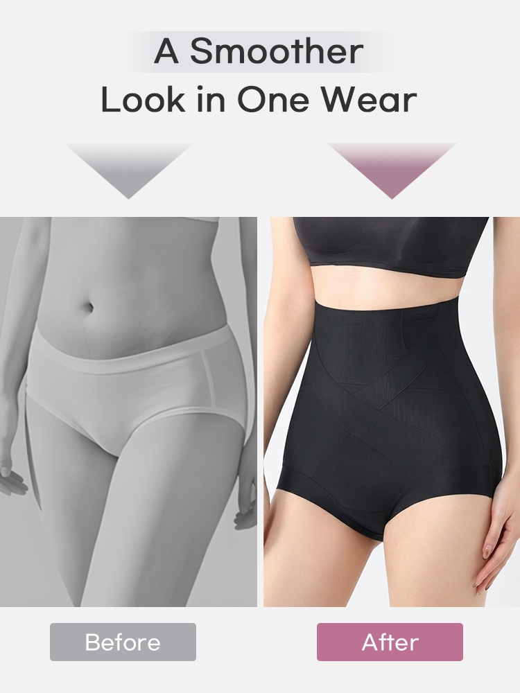 Before and after comparison showing black high-waist shaping shorts and smoother waistline VEIMIA