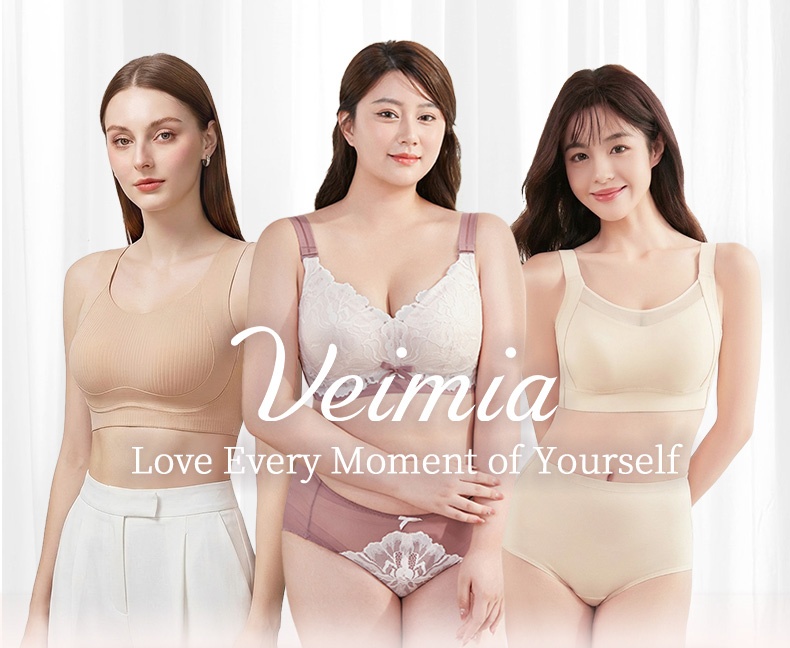 Brand showcase with three models wearing different lingerie styles VEIMIA