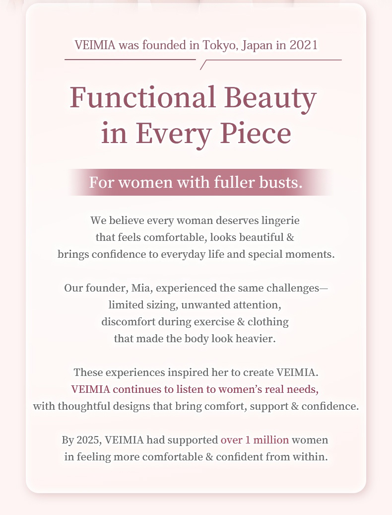 Brand story graphic describing functional lingerie design and everyday comfort VEIMIA